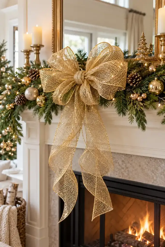 Gold mesh mantel bow
