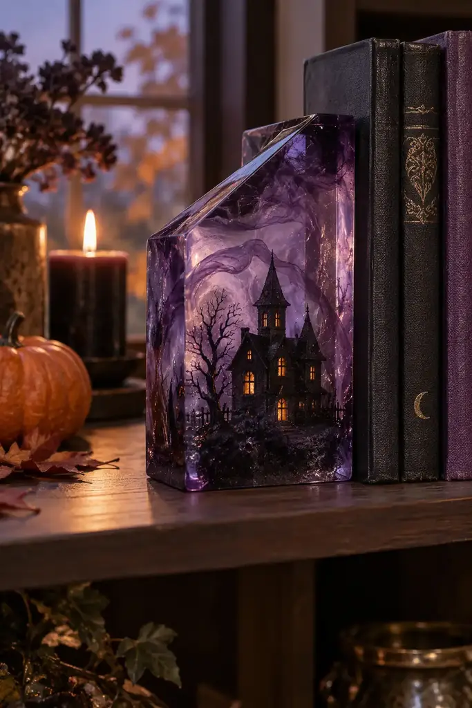 Clear smoky purple resin block bookend with a miniature haunted house silhouette inside