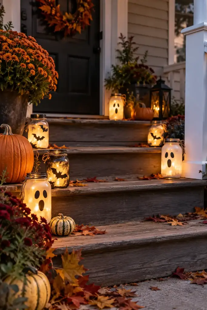 Upcycled glass jars painted with ghost and bat silhouettes glowing with battery lights on porch steps