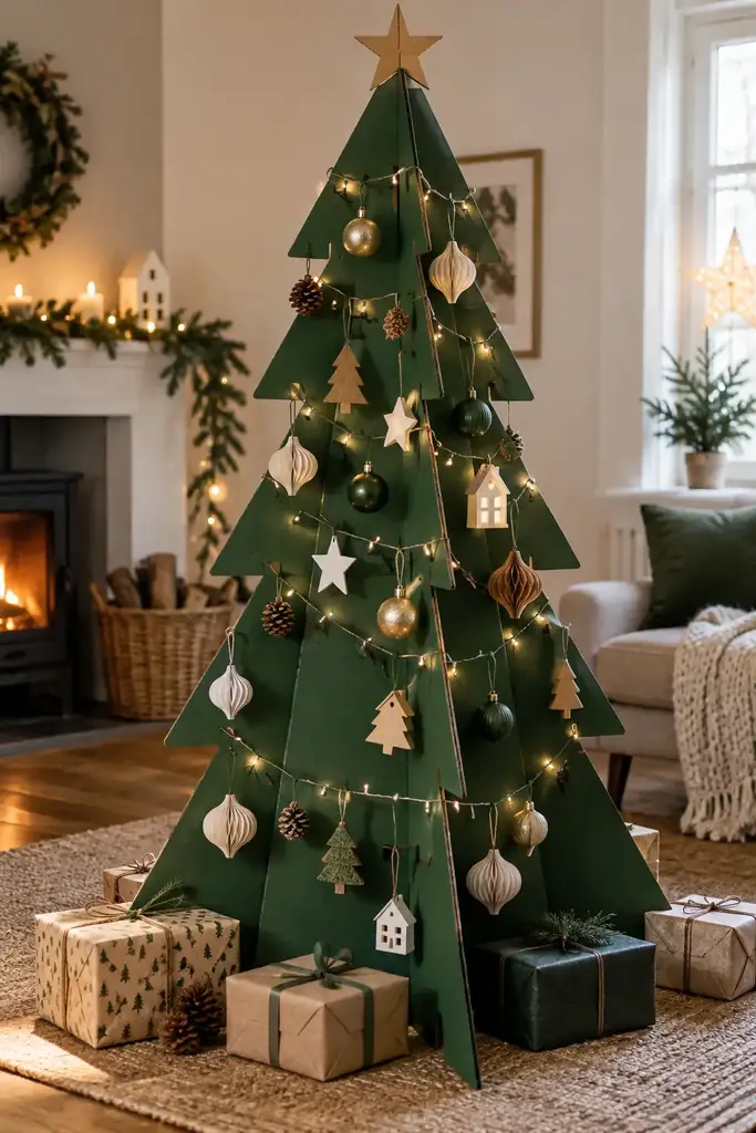 Forest green cardboard panels form a freestanding tree with pointed branch edges