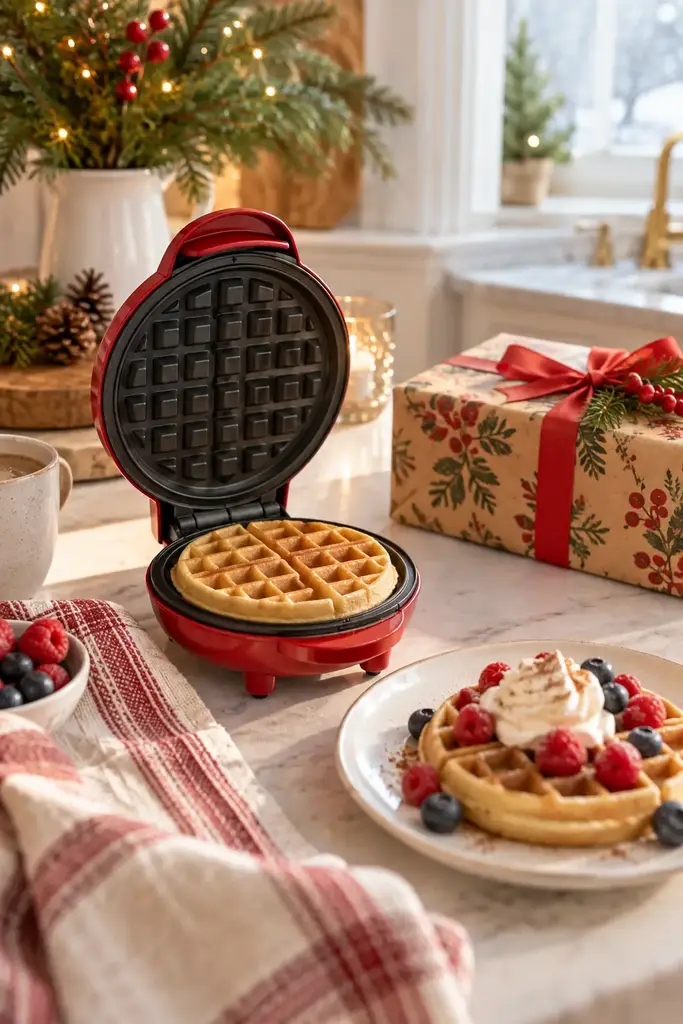 Red mini waffle maker open with a golden waffle beside a plate of waffles with berries and cream