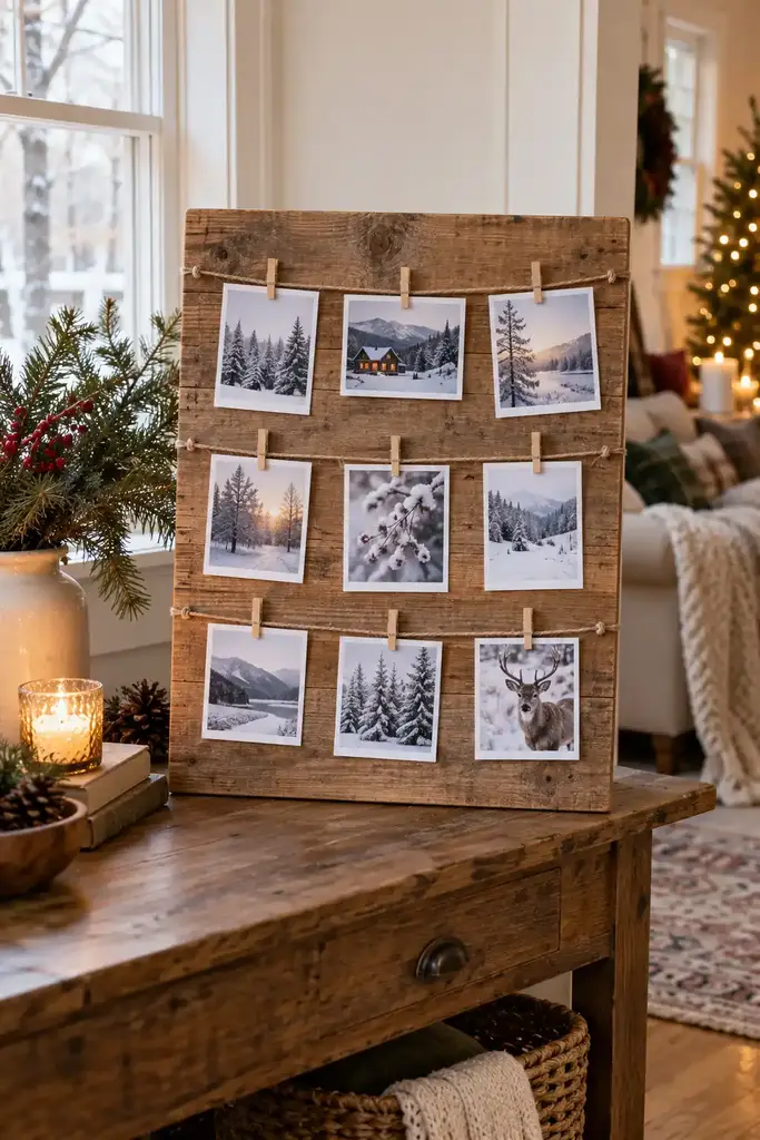 Rustic wood photo board with twine and mini clothespins holding nine winter landscape photos