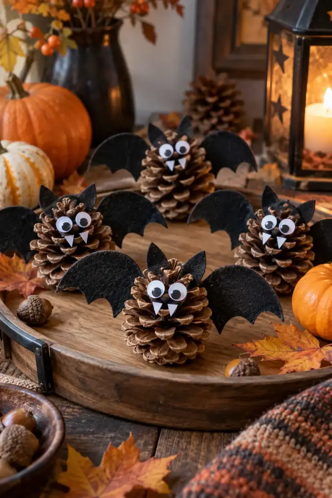 Natural pinecones with black felt bat wings and paper eyes on a fall craft tray