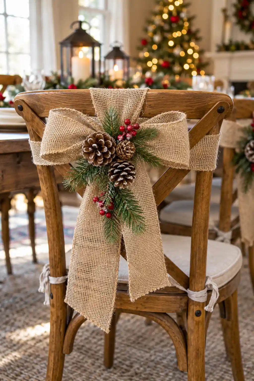 Pinecone and Burlap Tie Christmas chair decoration ideas