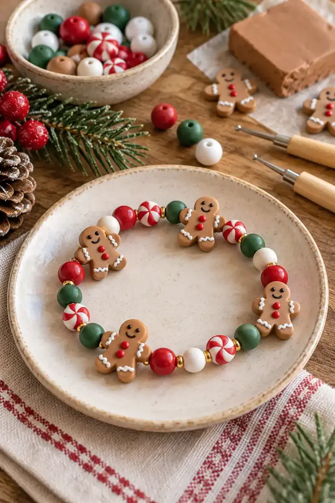 Polymer clay gingerbread bead bracelet