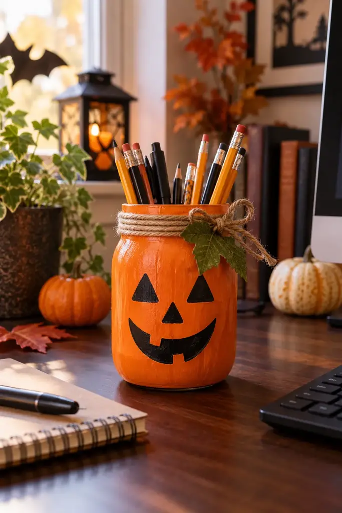 Recycled glass jar painted as an orange pumpkin holding pencils on an office desk