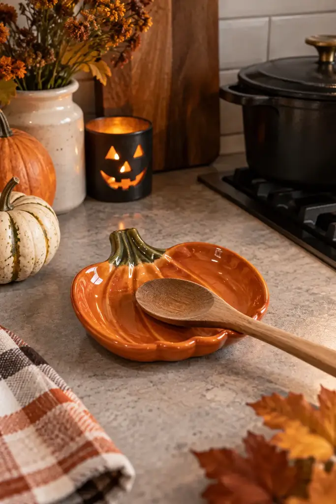 Handmade glazed orange pumpkin spoon rest on a kitchen counter