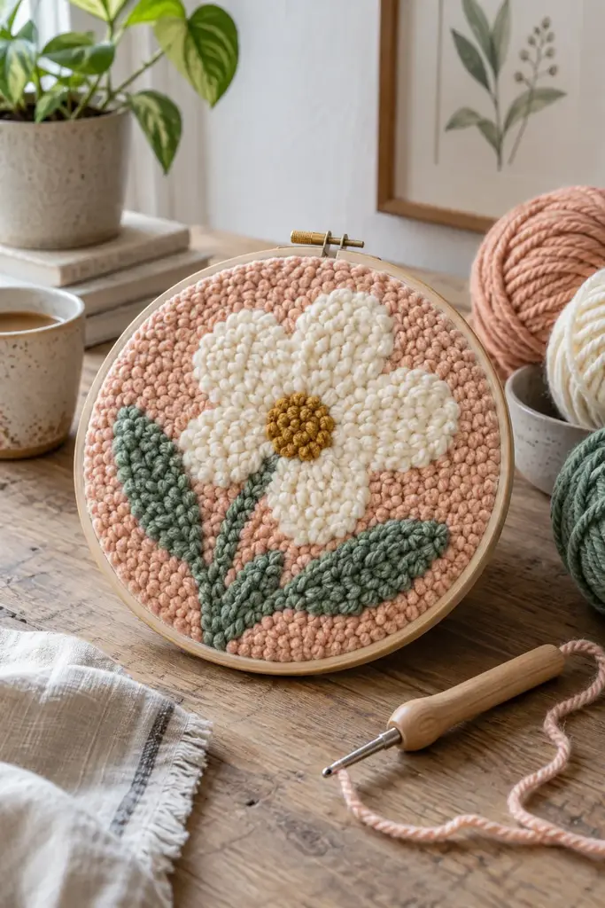 Beginner punch needle floral wall art in a round hoop with cream flower and sage leaves on peach fabric