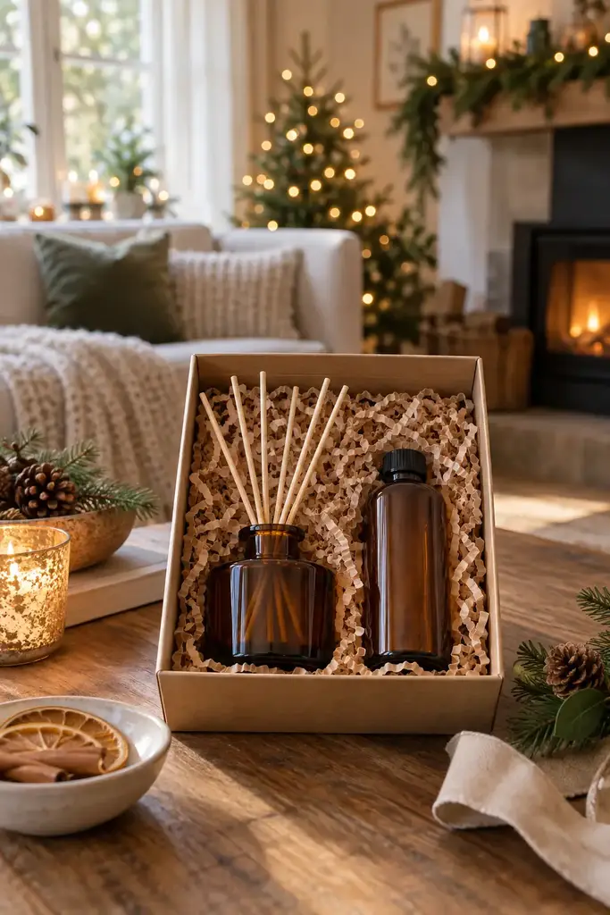 Amber glass reed diffuser with wooden reeds and a spare refill bottle in a gift box