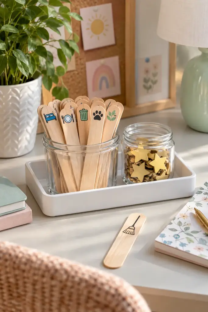 Chore reward system with a jar of task sticks and a second jar of golden star tokens in a white tray