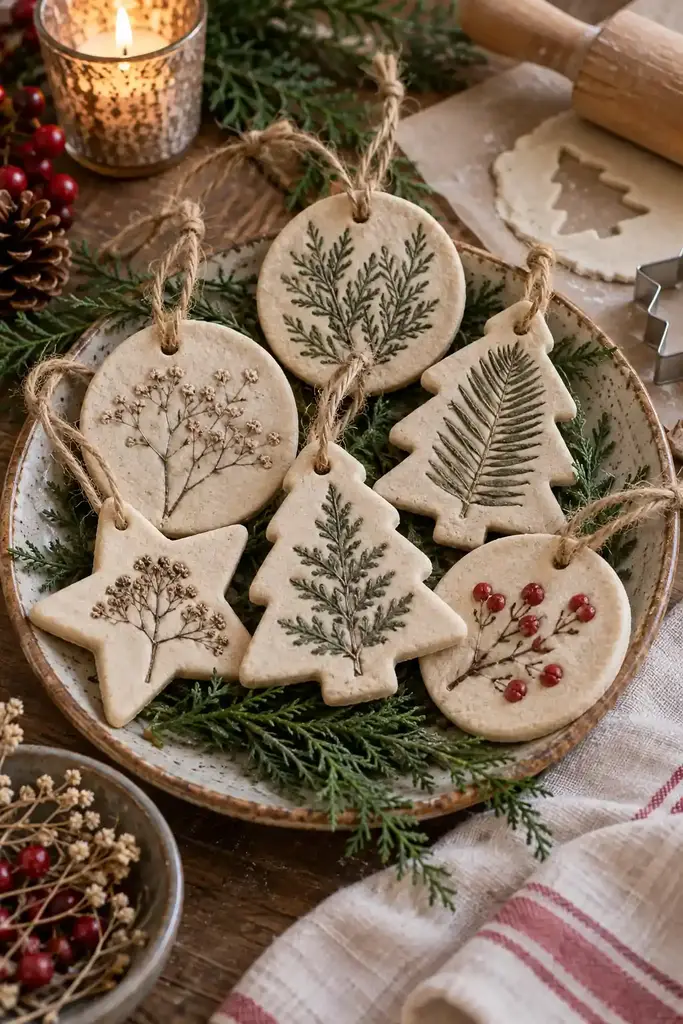 Pale ornaments have pressed leaf patterns, including evergreen branches and fern shapes