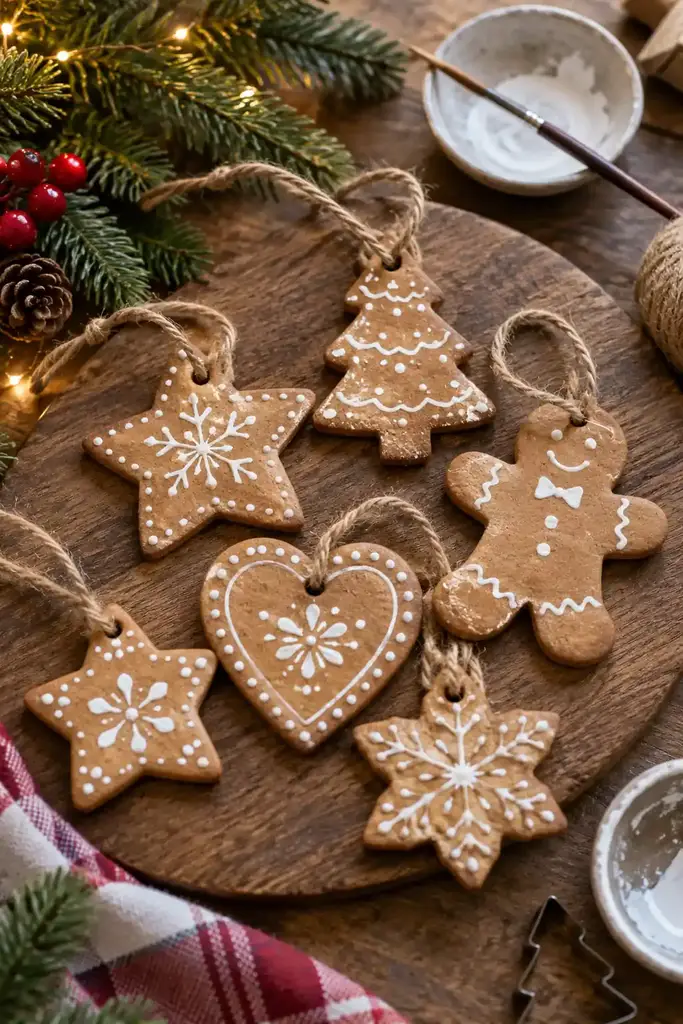 Brown ornaments include gingerbread people, stars and trees with white painted patterns