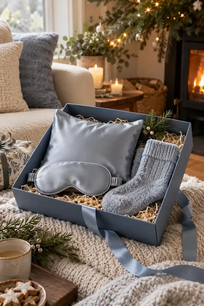 Blue gift box with a silk pillowcase, a contoured eye mask and soft knit socks