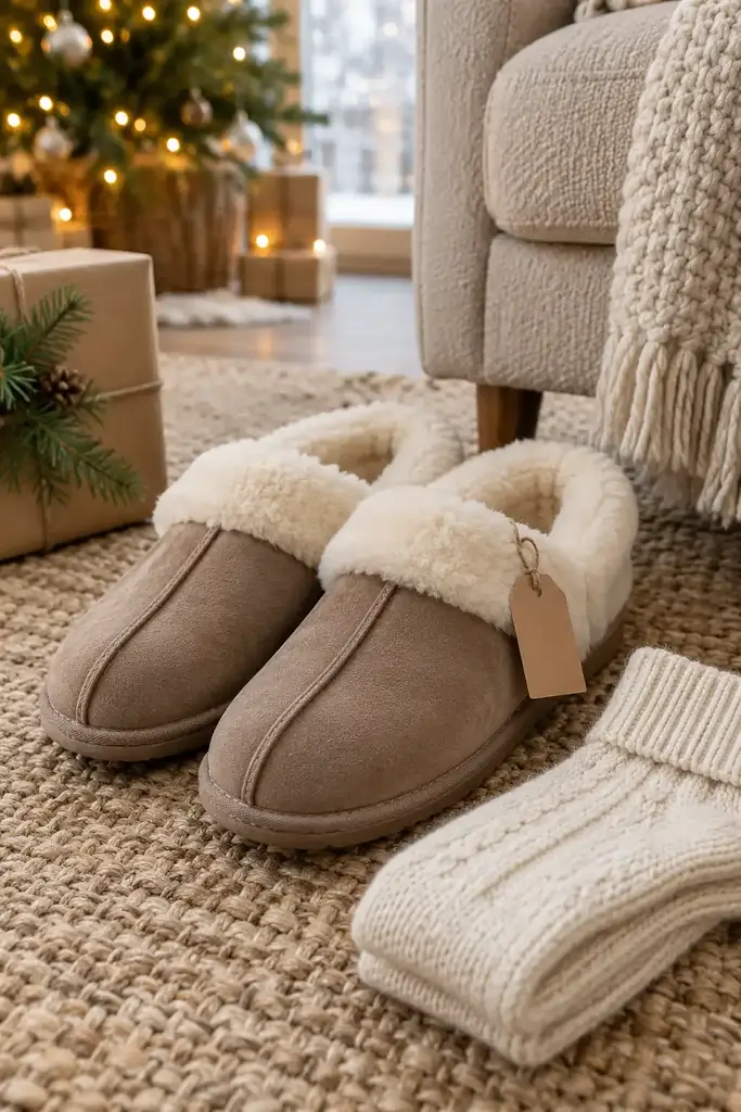 Taupe suede slippers with sherpa lining and cream cable knit socks on a jute rug by a Christmas tree