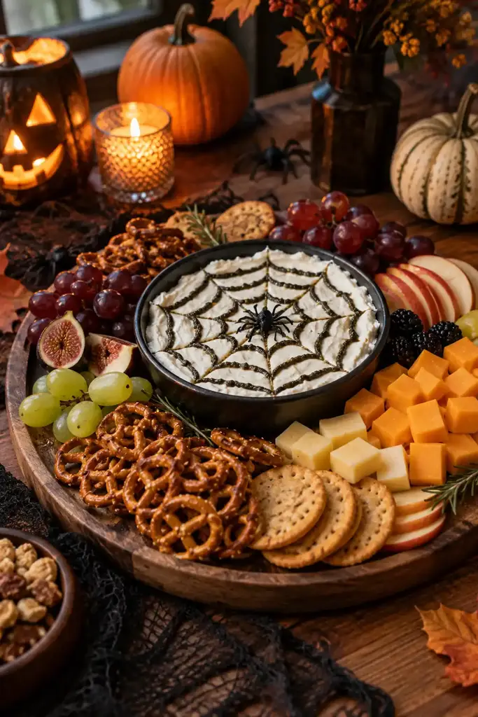 Halloween snack board with pretzels, cheese, fruit and a spiderweb dip piped in cream cheese