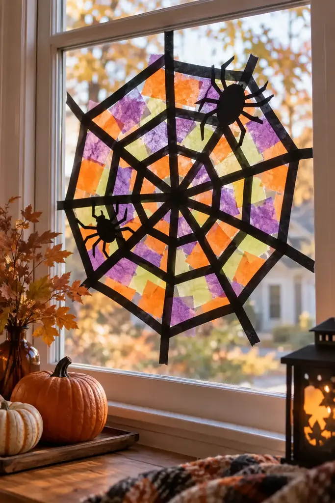 Contact paper spiderweb collage with colorful tissue paper squares on a window