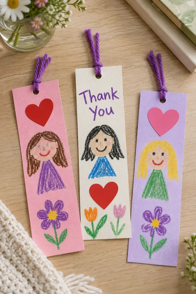 Preschool Thank You bookmarks with child drawn portraits, heart stickers and purple yarn loops
