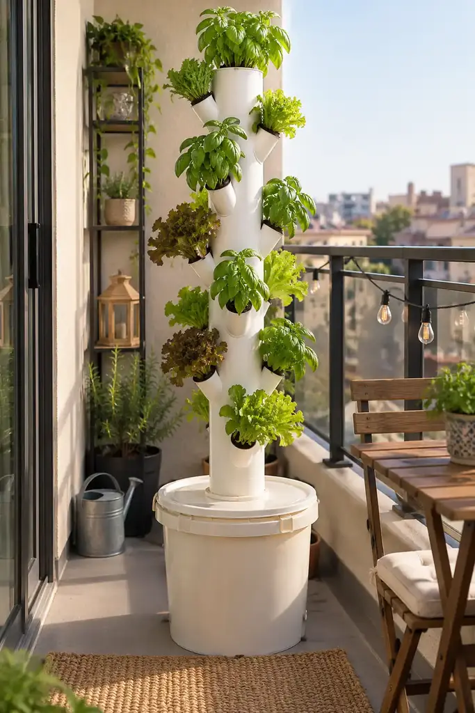 Vertical hydroponic tower made from white PVC pipe with staggered pockets of basil and lettuce on a cream reservoir bucket