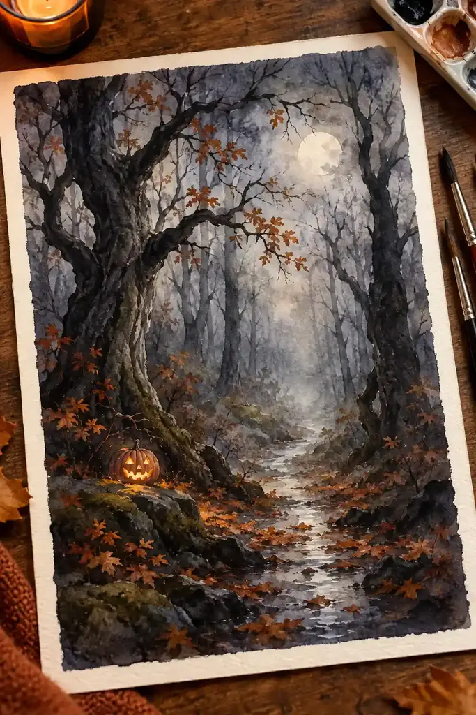 Atmospheric watercolor painting of a misty dark forest with twisted trees and a small glowing pumpkin