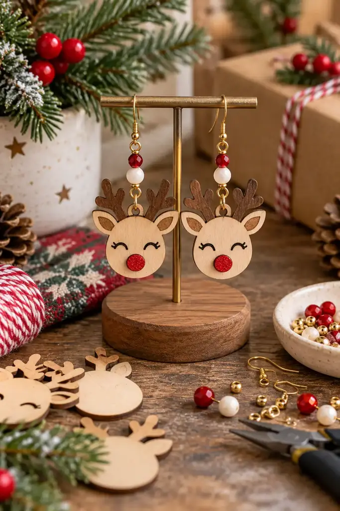Wood laser cut reindeer earrings