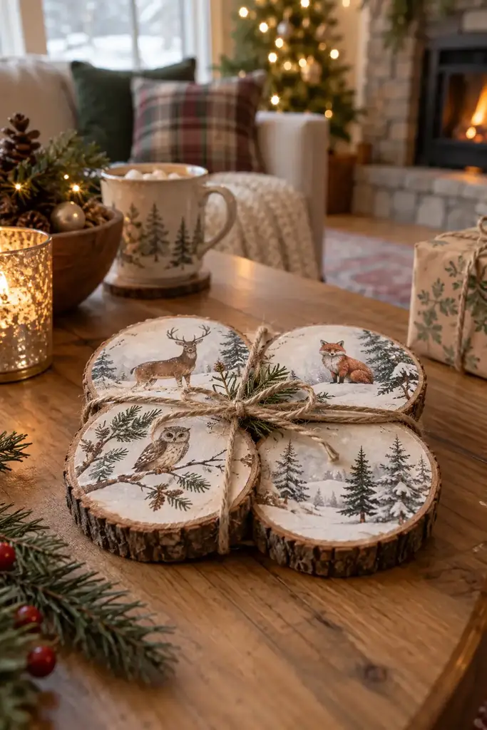 Four wood slice coasters painted with a deer, a fox, an owl and pine trees tied with twine