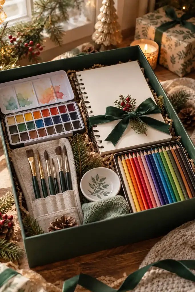 Art supplies gift box with a watercolor palette, a sketchbook, paint brushes and colored pencils