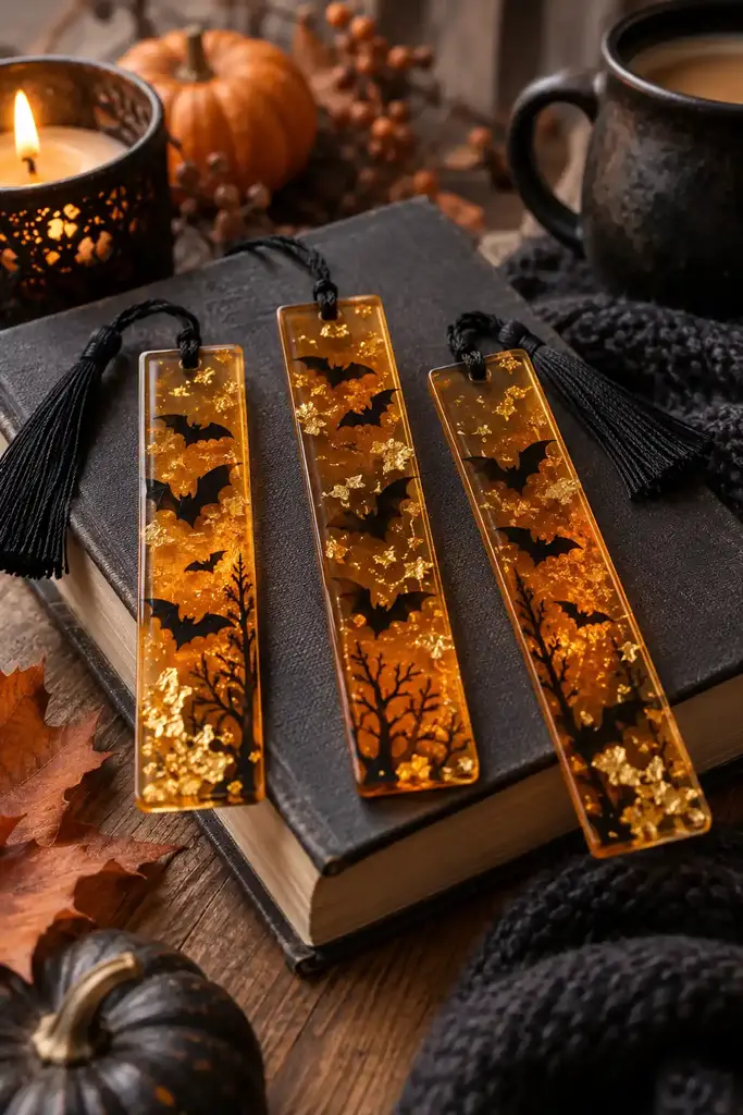 Long translucent amber resin bookmarks with black bat silhouettes, tassels and gold flakes