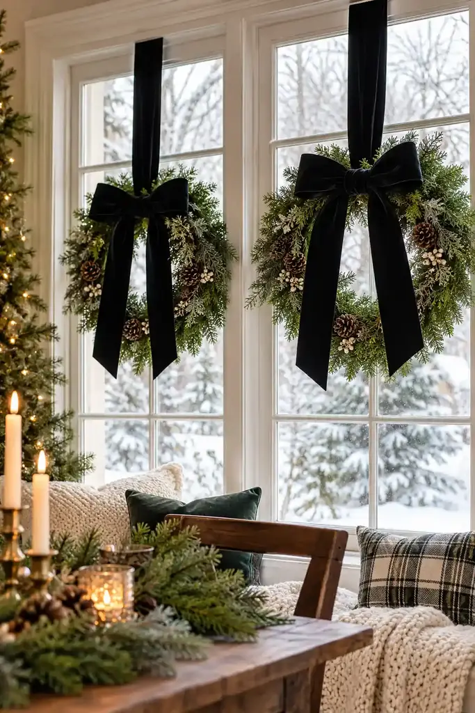 Black velvet window wreath bows