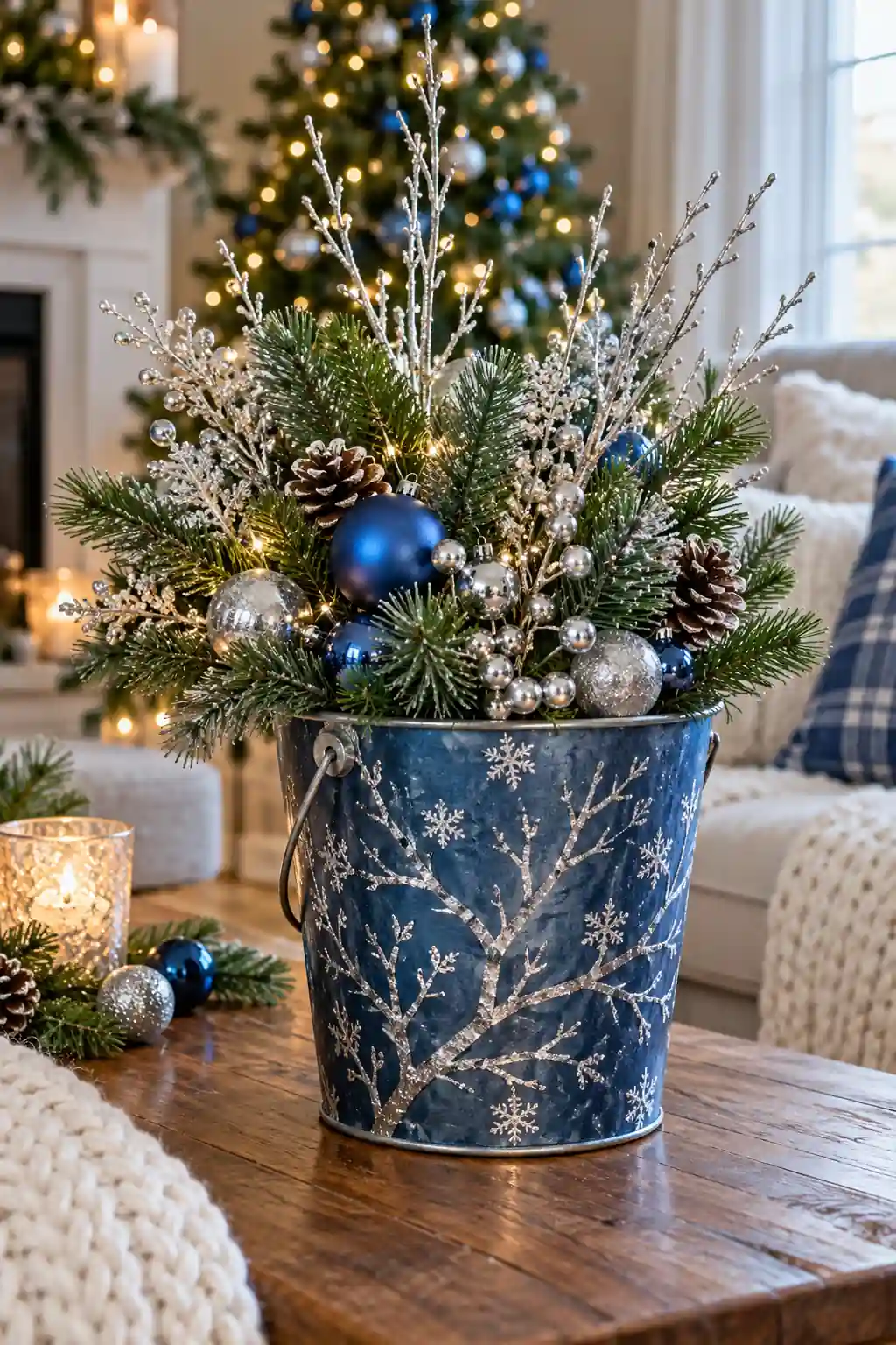 Blue Silver Branch Bucket Christmas bucket ideas