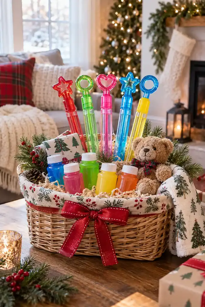 Woven gift basket with star and heart bubble wands, bubble bottles and a small teddy bear