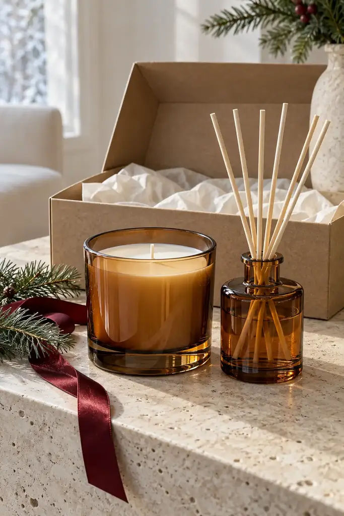 Amber glass candle and matching reed diffuser in front of a kraft gift box on a stone shelf with pine