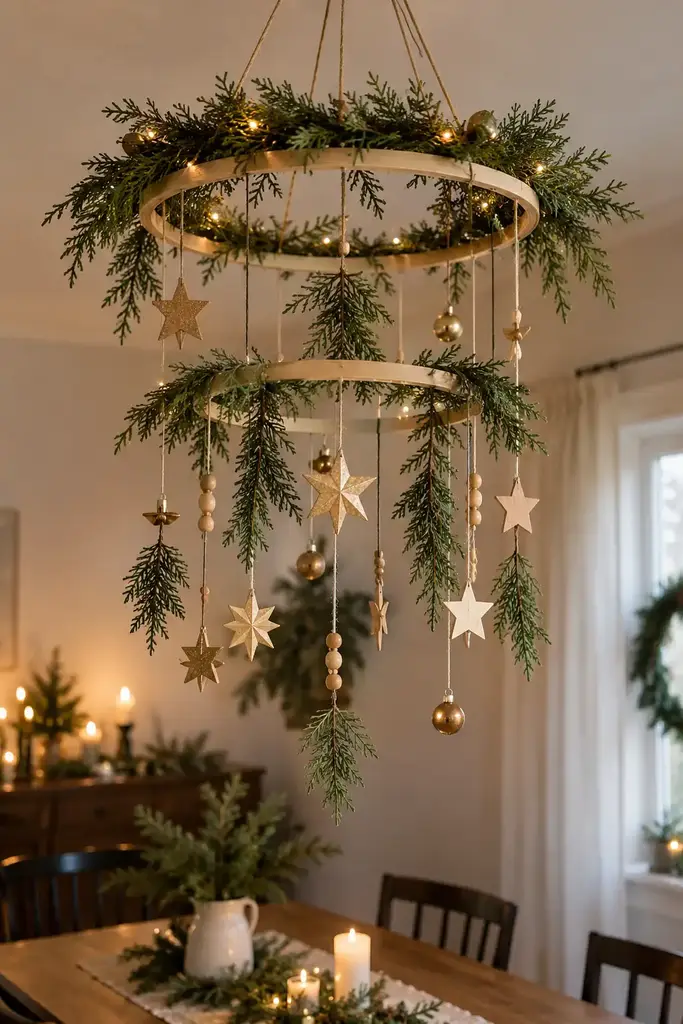 Wooden hoops hang at separate levels with evergreen pieces around their rims