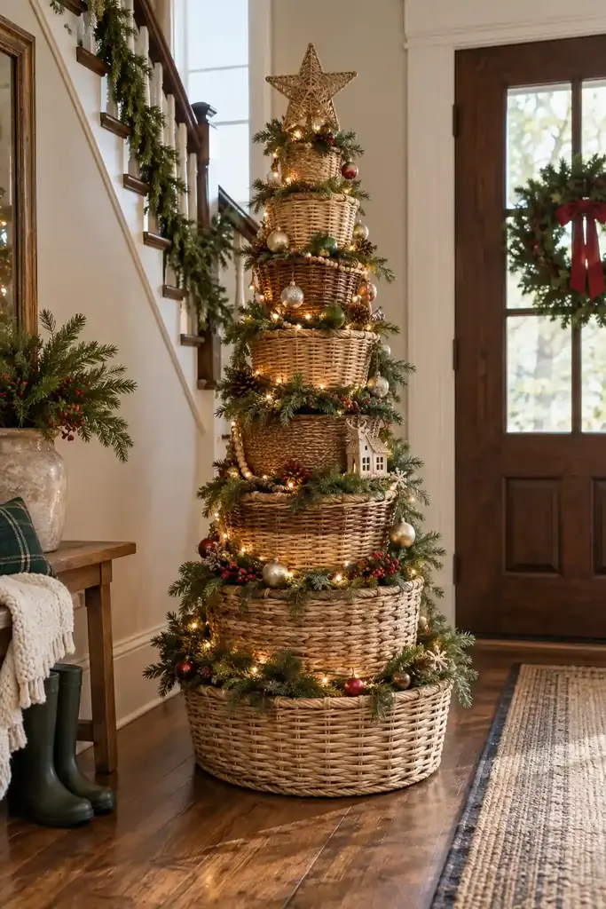 Woven baskets form a narrowing stack with greenery between the levels