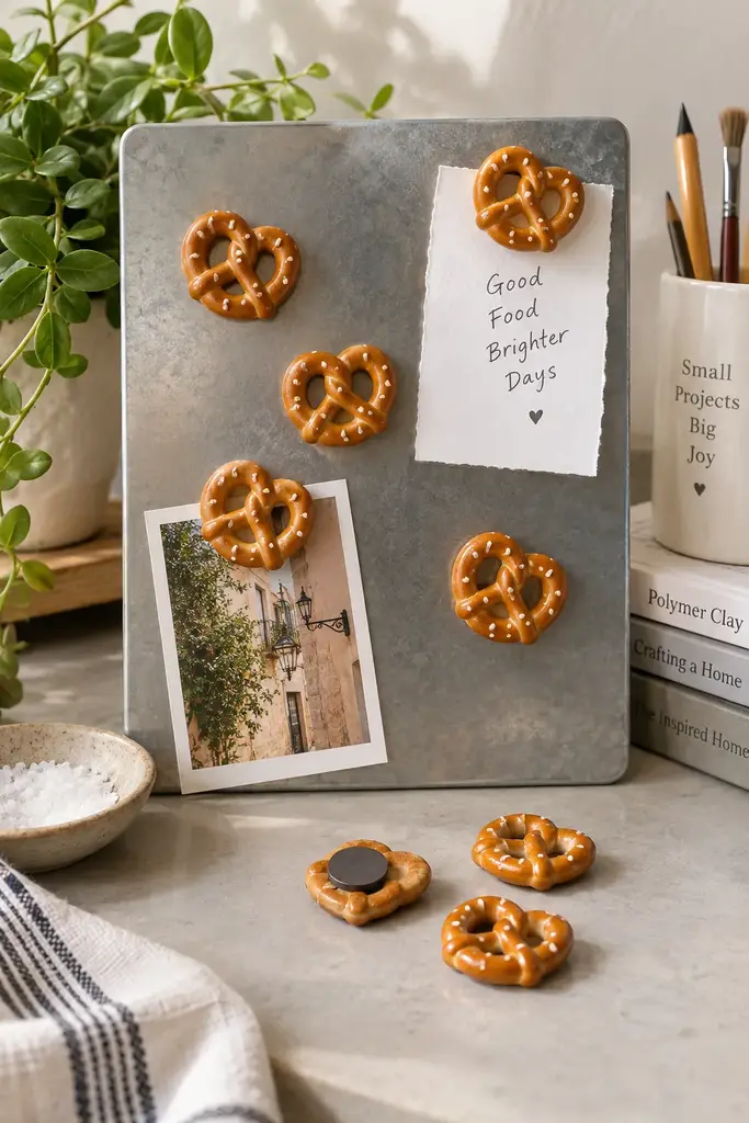 DIY polymer clay pretzel fridge magnets in golden brown with tiny white salt specks on a metal board