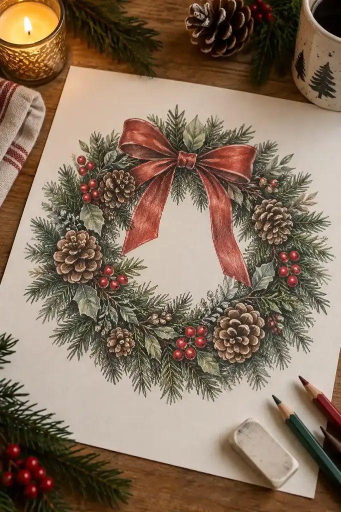 Pinecones and red berries surround an open center beneath a red ribbon bow