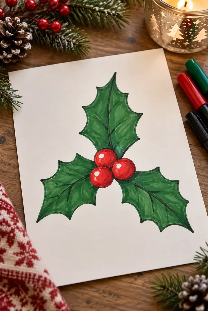 Three red berries overlap at the center of pointed green holly leaves