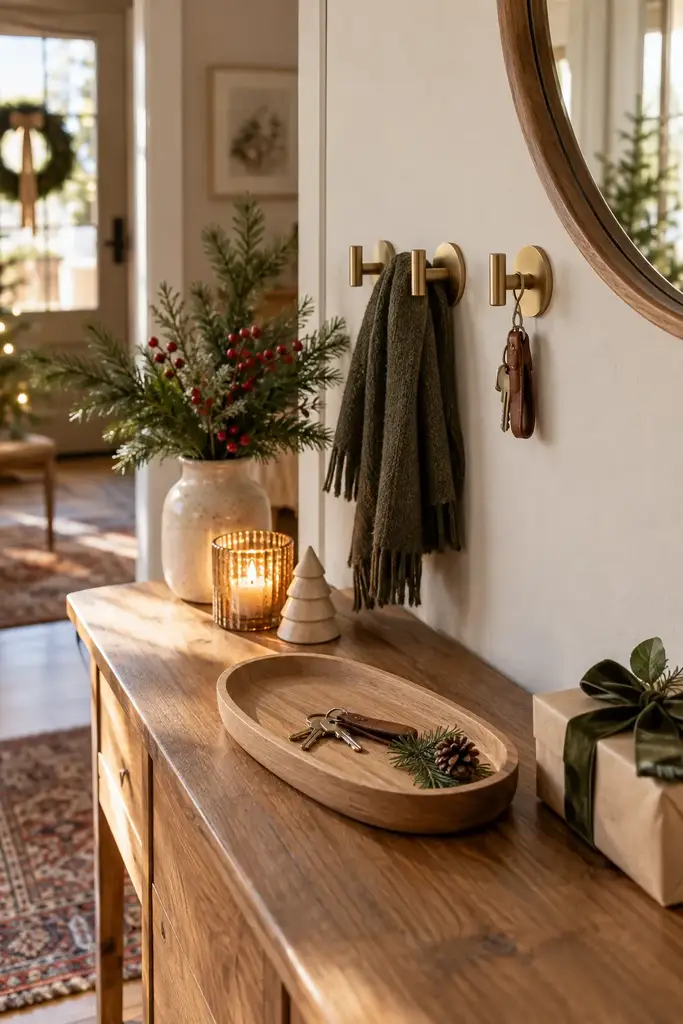 Oval oak key tray on an entry console with brass wall hooks holding a scarf and keys
