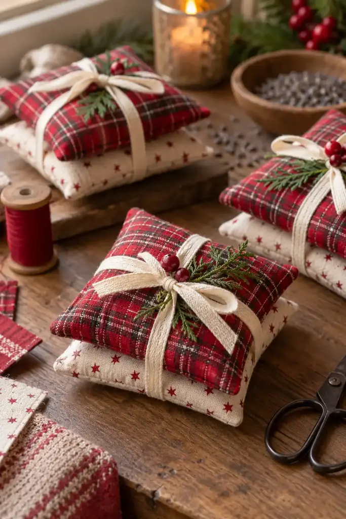Tartan fabric rice hand warmers tied with cream ribbon beside a bowl of rice and a spool of thread