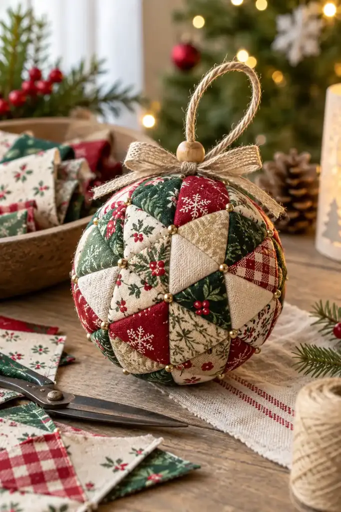 Fabric scrap patchwork ball ornament