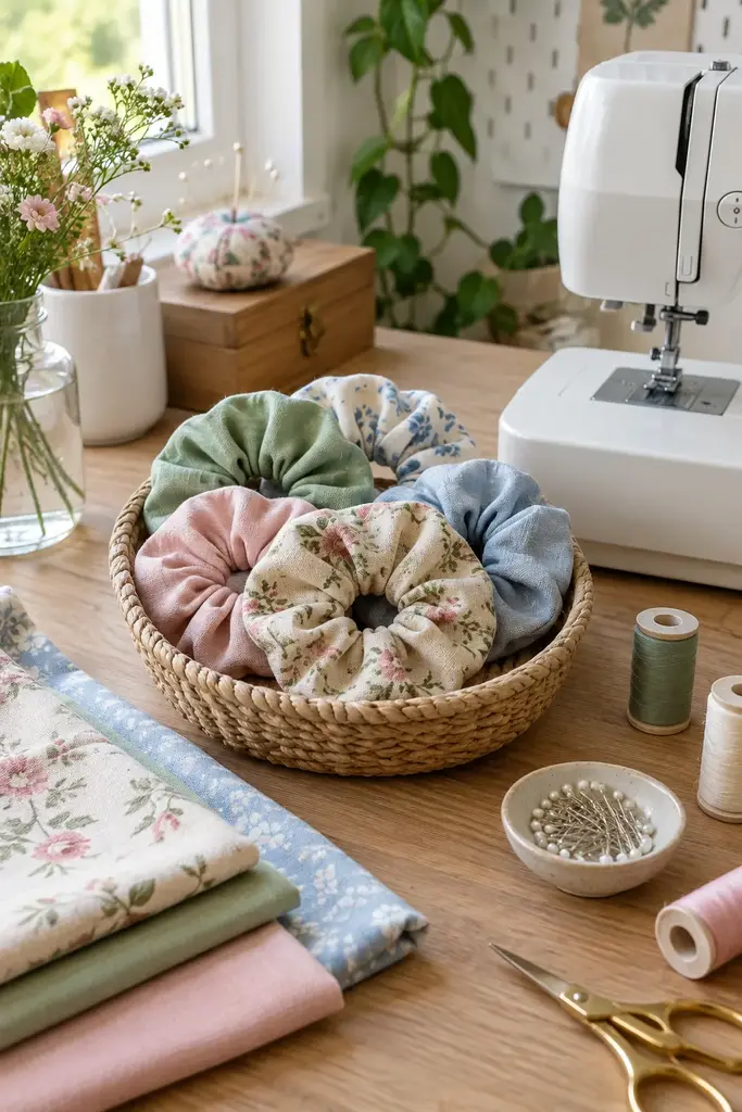 DIY sewn fabric scrunchies in floral linen and pastel cotton in a small basket beside a sewing machine