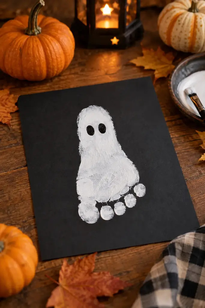 White footprint ghost painting on black cardstock with two dark eyes