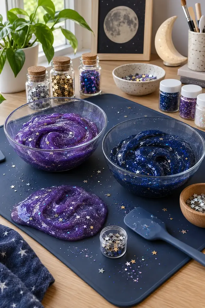 Galaxy themed slime station with navy mat, purple and midnight blue glitter slime and star confetti