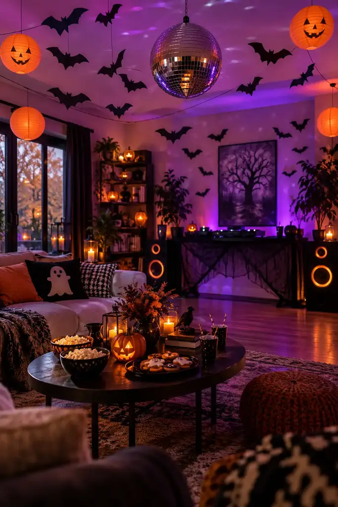 Halloween living room dance party with purple lighting, glowing orange lanterns and paper bats