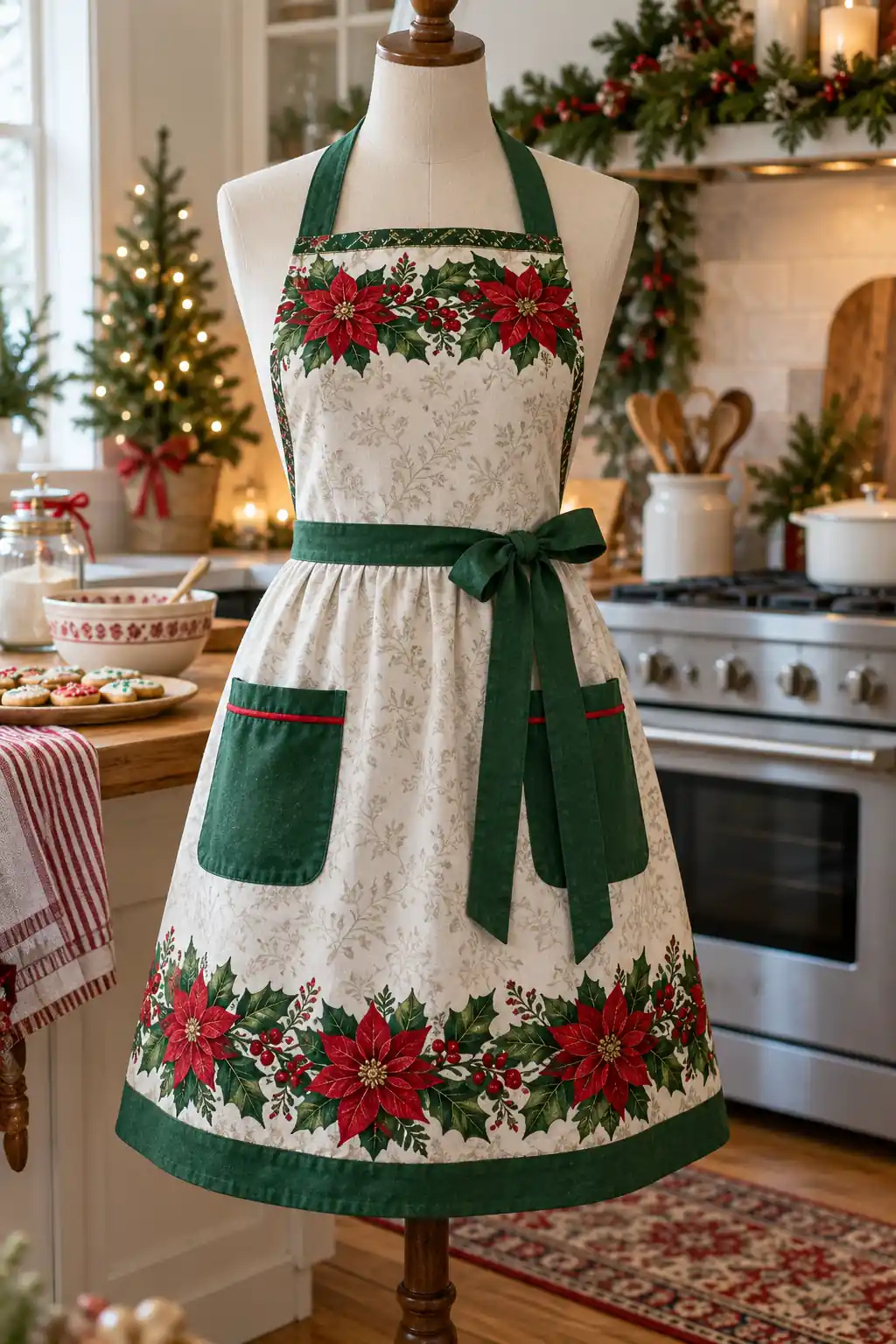 Green Poinsettia Border Christmas apron ideas