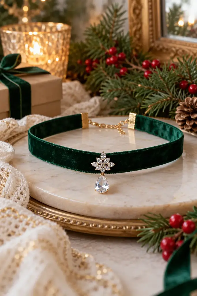 Green velvet choker with crystal drop