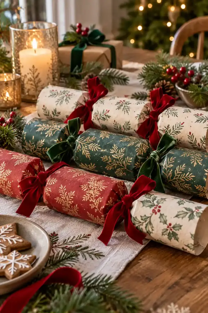 Patterned paper covers cylindrical crackers with ribbon around both ends