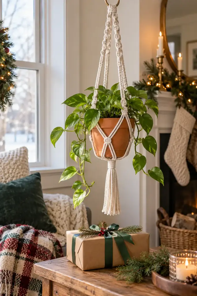 Cream cotton macrame plant hanger holding a terracotta pot with a trailing pothos