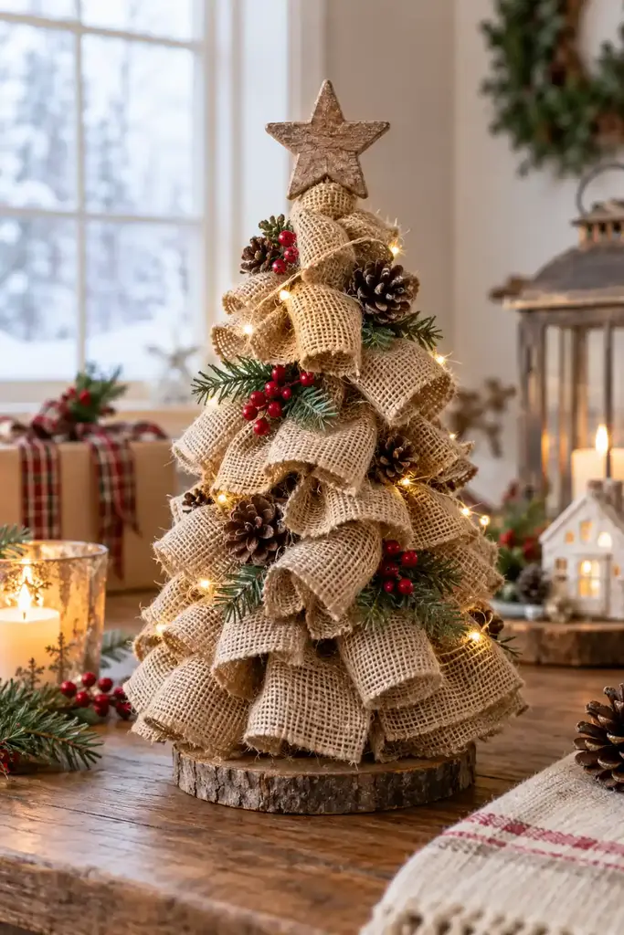 Wide burlap loops surround a cone with short evergreen sprigs between them