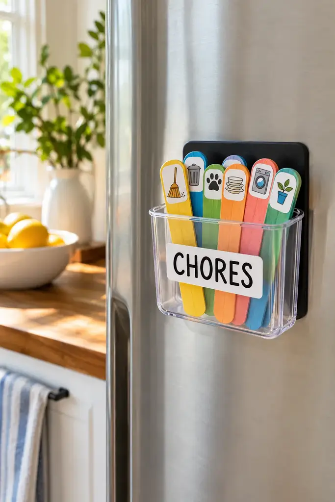 Small clear flat backed chore container with magnetic backing mounted on a refrigerator