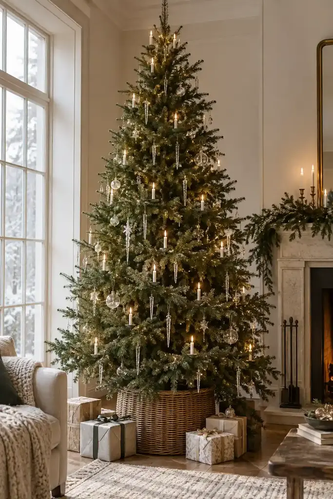 Small candle shaped lights follow the tree branches among clear hanging icicles